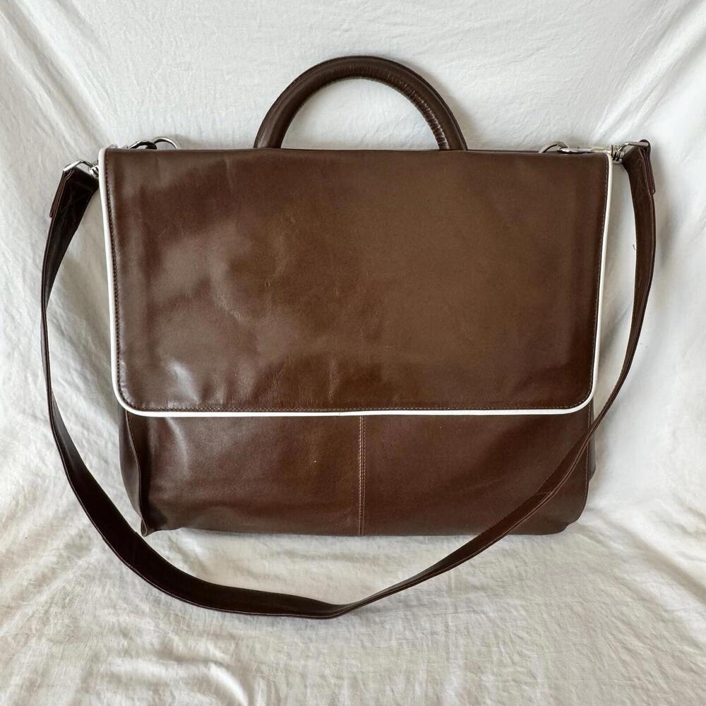 Kenneth Cole Brown Leather W/ White Trim Messenger Bag Handle & Strap Work Offce
